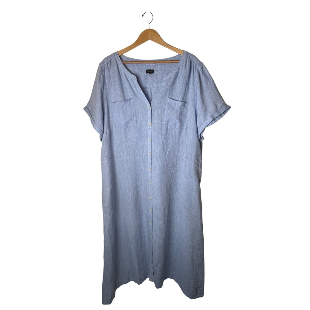 Talbots Shirt Dress Womens 22W Blue Linen Midi Short Sleeve Lagenlook Preppy - Picture 2 of 10